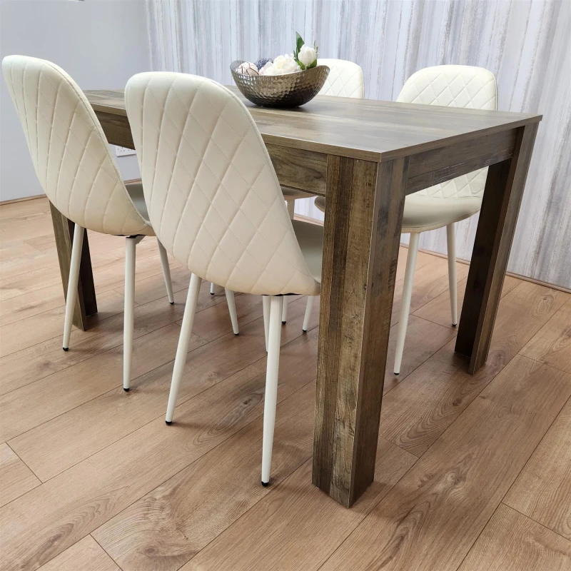 Image of KOSY KOALA KOSY KOALA Wooden Dining Table with 4 Cream Gem Patterned Chairs Rusteic Effect Table with Cream Chairs in Brown Size: 140cm x 80cm Brown