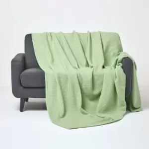 Image of HOMESCAPES Organic Cotton Waffle Blanket/ Throw Sage Green, 280 x 230cm - Green