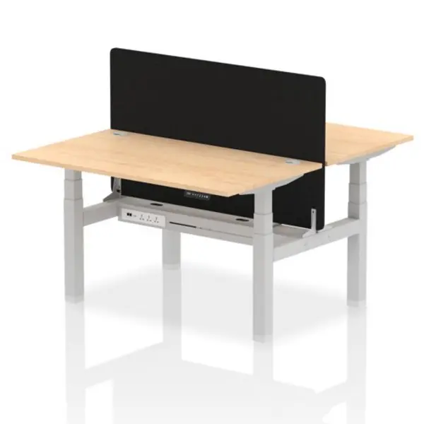 Image of Air Air Back-to-Back 1400 x 800mm Height Adjustable 2 Person Bench Desk Maple Top with Cable Ports Silver Frame with Black Straight Screen HASCP2P148
