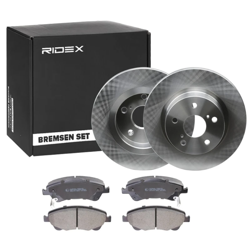 Image of RIDEX 3405B1056 Brake disc and pads set Rear Axle, Brake Disc Type: Solid, with acoustic wear warning Brake Set,disc brakes (3405)