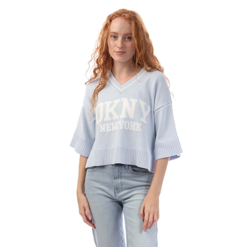 Image of DKNY V-Neck Varsity Logo Knit Sweater Purple female S