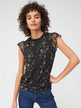 image of Oasis Kara Lace Printed Shell Top - Multi/Black, Multi Black Size M Women