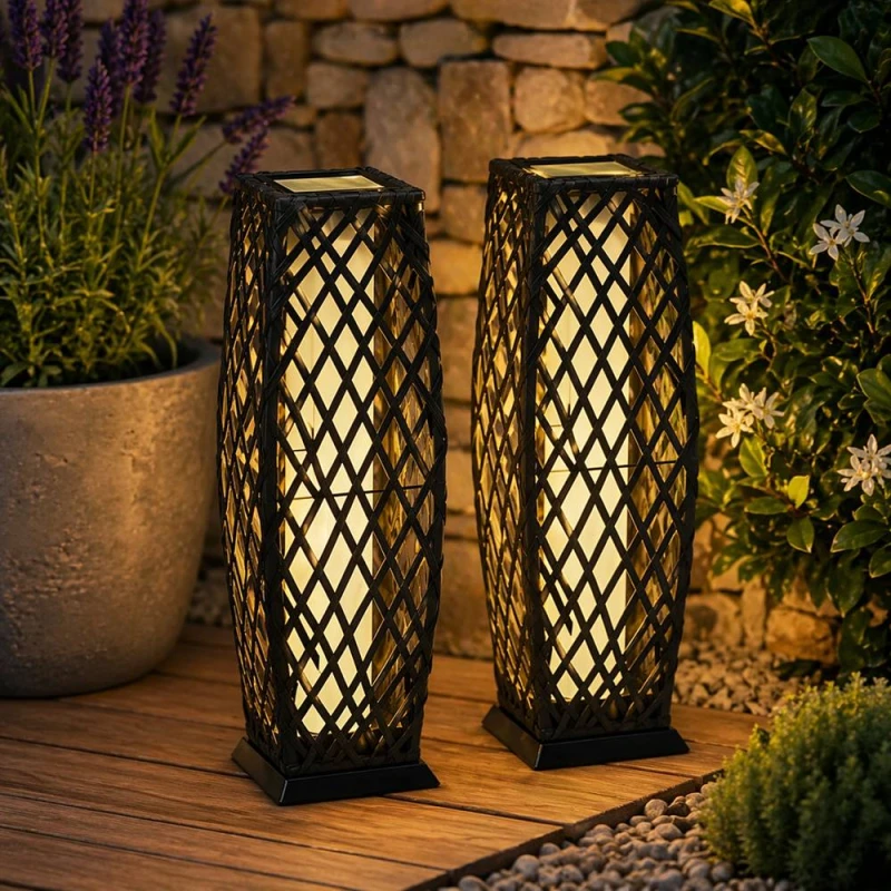 Image of Gr8 Garden 2 Solar Rattan Lantern LED Garden Floor Lamps in Dark Grey Dark Grey Unisex