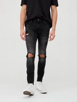 image of Jack & Jones Super Skinny Rip and Repair Jeans - Black