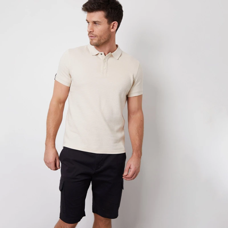 Image of Threadbare Ottoman Rib Textured Cotton Polo Shirt Stone male S