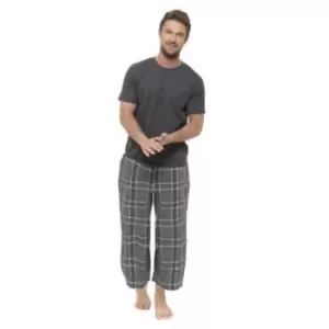 Image of Foxbury Mens Short Sleeve T-Shirt And Checked Bottoms Pyjama Set (M) (Grey Check)