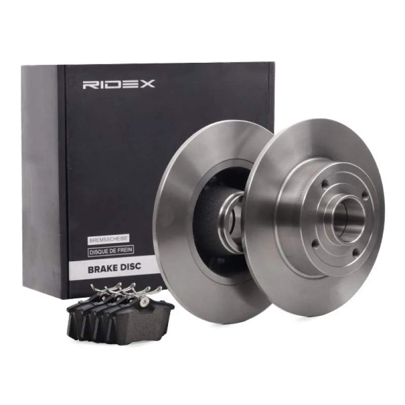 Image of RIDEX 3405B1438 Brake disc and pads set Rear Axle, Brake Disc Type: Solid, without integrated wear sensor Brake Set,disc brakes (3405)