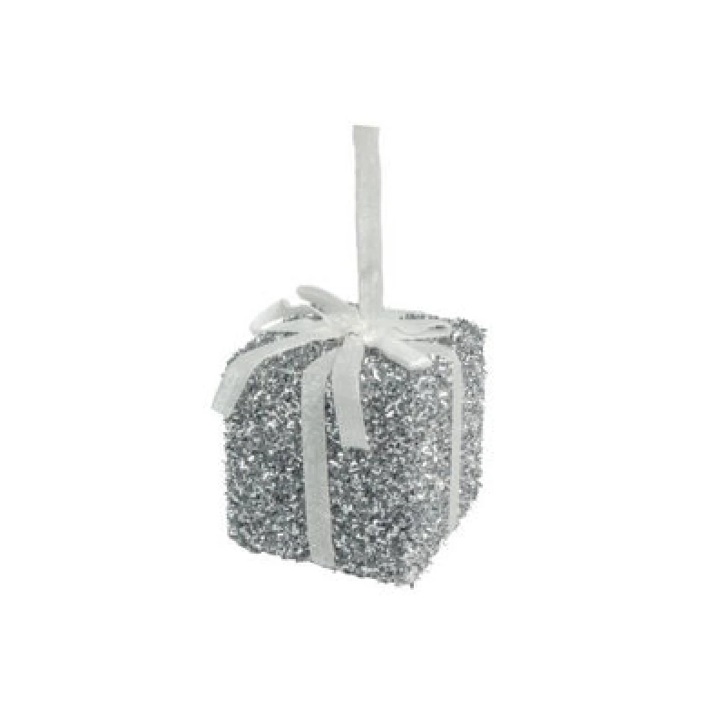 Image of Davies Products Tinsel Present Christmas Decoration Silver (8Cm)