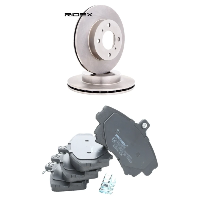 Image of RIDEX 3405B2804 Brake disc and pads set Front Axle, Brake Disc Type: internally vented, with acoustic wear warning Brake Set,disc brakes (3405)