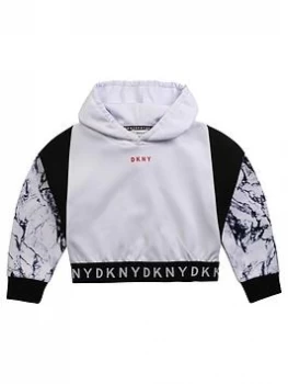 Image of DKNY Girls Marble Print Logo Hoodie - White, Size Age: 12 Years, Women