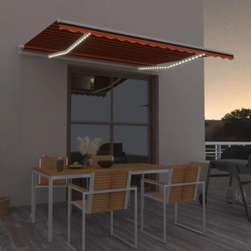 Image of VIDAXL Manual Retractable Awning with LED 400x300cm Orange and Brown Vidaxl 8720286392294