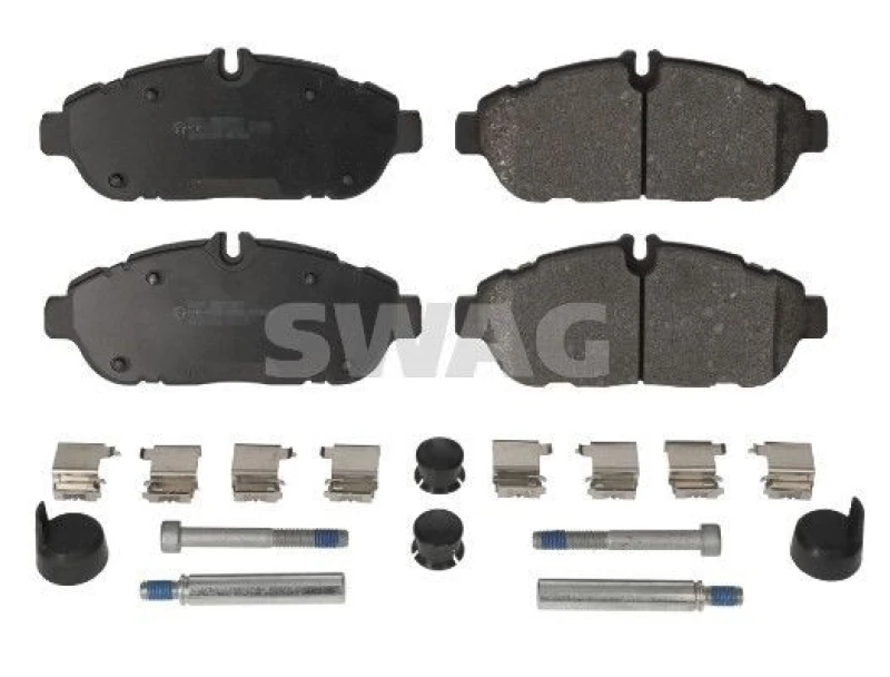 Image of SWAG 33 11 0386 Brake pad set Front Axle, incl. wear warning contact, with fastening material Brake Pad Set,disc brake (402)