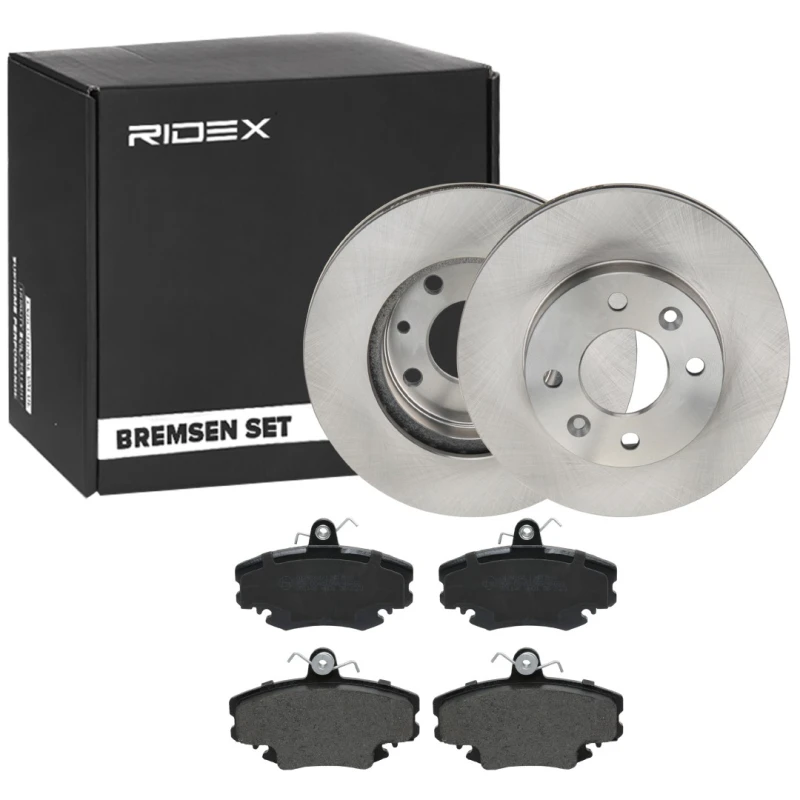 Image of RIDEX 3405B1777 Brake disc and pads set Front Axle, Brake Disc Type: Vented, excl. wear warning contact Brake Set,disc brakes (3405)