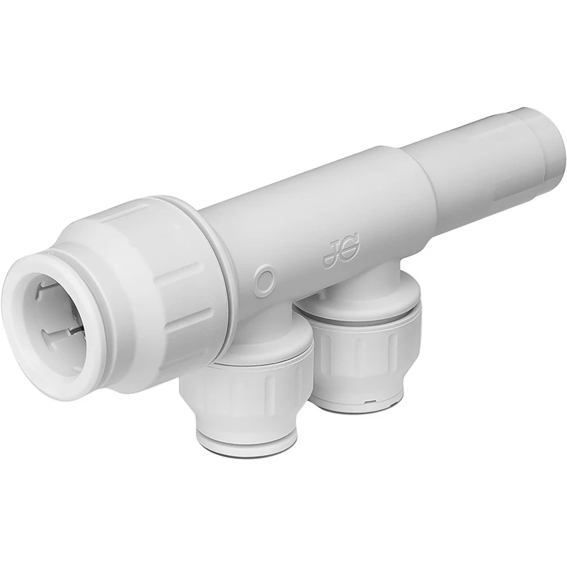 Image of John Guest 22mm x 15mm 2 Port Manifold With Stem PEM582215AWP White