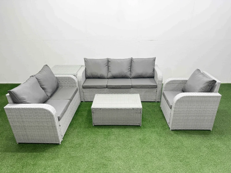 Image of Fimous Patio PE Wicker 6 Seater Outdoor Rattan Furniture Sofa Sets with Rectangular Coffee Table Reclining Chair Loveseat Sofa 3 Seater Sofa Side Tabl