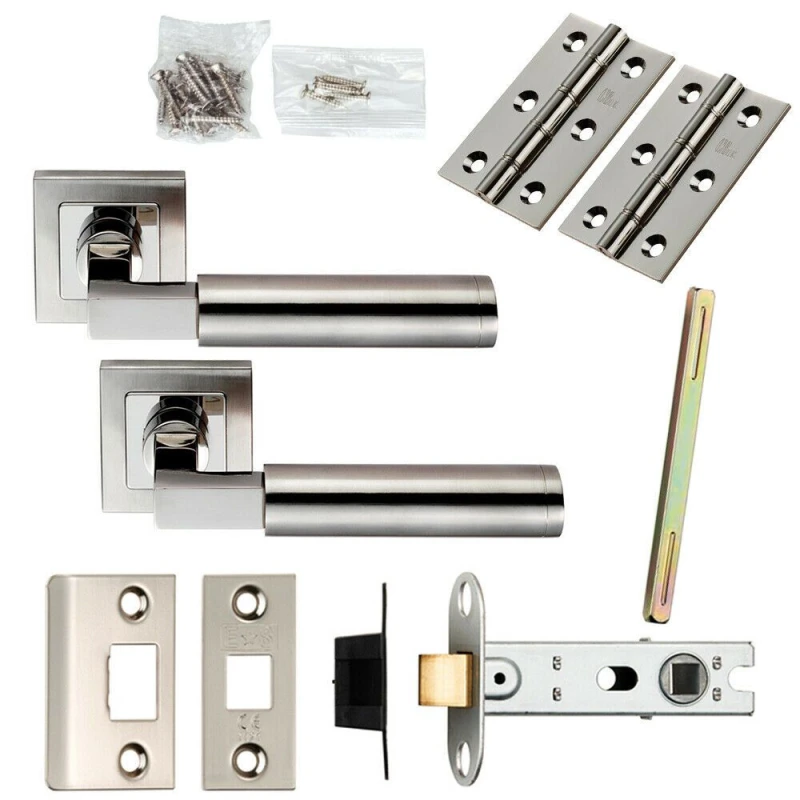Image of Loops Door Handle & Latch Pack Polished & Satin Steel Square Cut Bar Screwless Rose Metallics