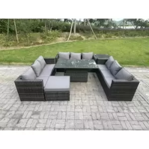 Image of Fimous 9 Seater Dark Grey Outdoor Rattan Sofa Dining Complete Set with Adjustable Table and Big Footstool