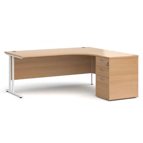 Image of Office Desk Right Hand Corner Desk 1800mm With Pedestal Beech Top With White Frame Maestro 25