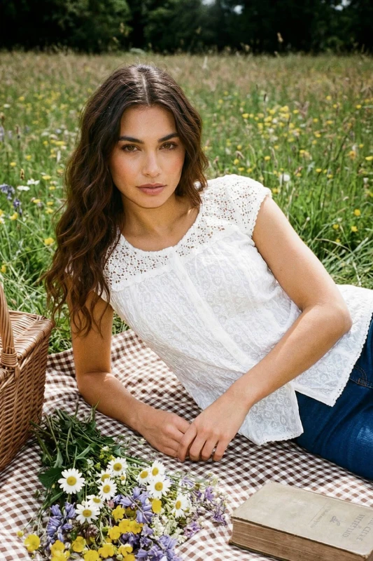 Image of Roman Womens Lace Embroidered Crinkle Blouse Broderie Anglaise Cotton Top in White Size: 14 White Female 14