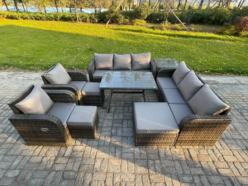 Image of Fimous 11 Seater Rattan Outdoor Garden Furniture Sofa Set Patio Table & Chairs Set with 3 Seater Sofa Rectangular Dining Table Side Table Dark Grey