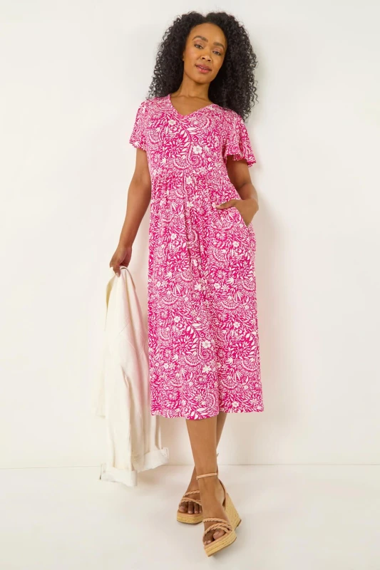 Image of Roman Womens Petite Floral Print Pocket Midi Dress in Pink Size: 18 Pink Female 18