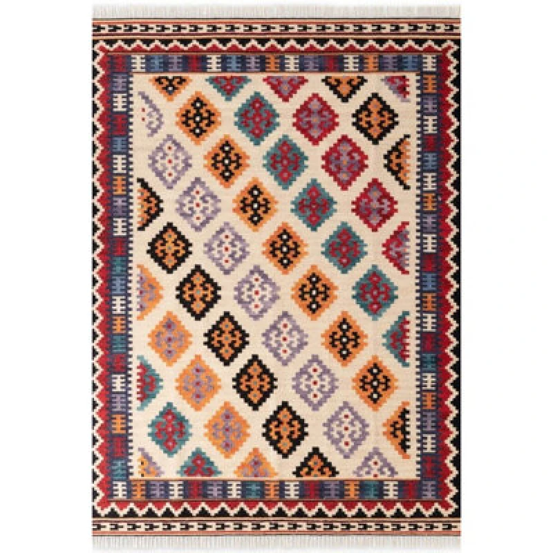 Image of The Rugs Kamal Kelim Rug Rami Design Bordered Handwoven Wool Cotton 3mm In Multi
