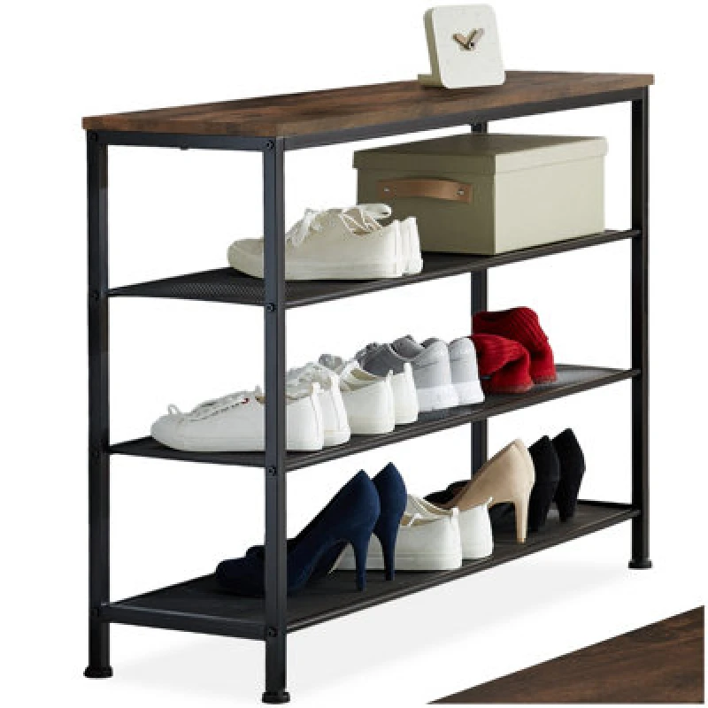 Image of Tectake Shoe Rack Portsmouth - Surface Shelf And 3 Grid Shelves, Industrial Style - Industrial Wood Dark, Rustic