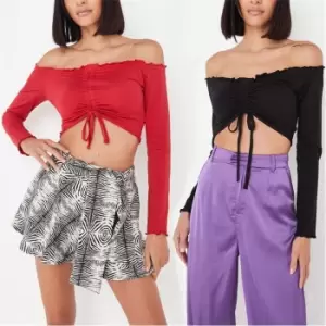 image of Missguided TALL2 Pack Bardot Ruched Lettuce Hem Top - Multi