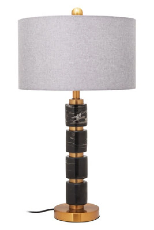 Image of Orsina Grey Fabric Shade Table Lamp, Gold Finish Metal Stem With Marble Accents, Contemporary Lighting