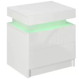 Image of HOMCOM White Bedside Table with LED Light, High Gloss Front Nightstand with 2 Drawers, for Living Room, Bedroom