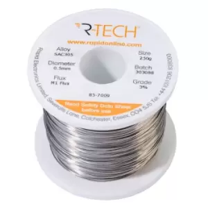 image of R-TECH 857009 SAC305 Solder 3% M1 Flux 0.5-2% Halide 0.5mm 250g Reel