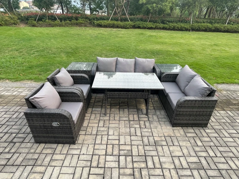 Image of Fimous Dark Grey Rattan Garden Furniture Set Reclining Chair Love Sofa 2 Seater Sofa Set Outdoor Rectangular Dining Table 2 Side Tables 7 Seater Dark