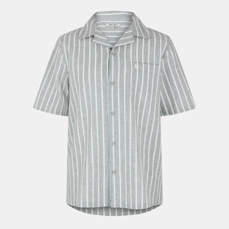 Image of Jack Wills Mens JW Linen Short-Sleeve Plain Shirt Sage Stripe male S