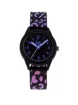 image of Hype Kids Black With Rainbow Leopard Print Silicone Strap With Black Dial