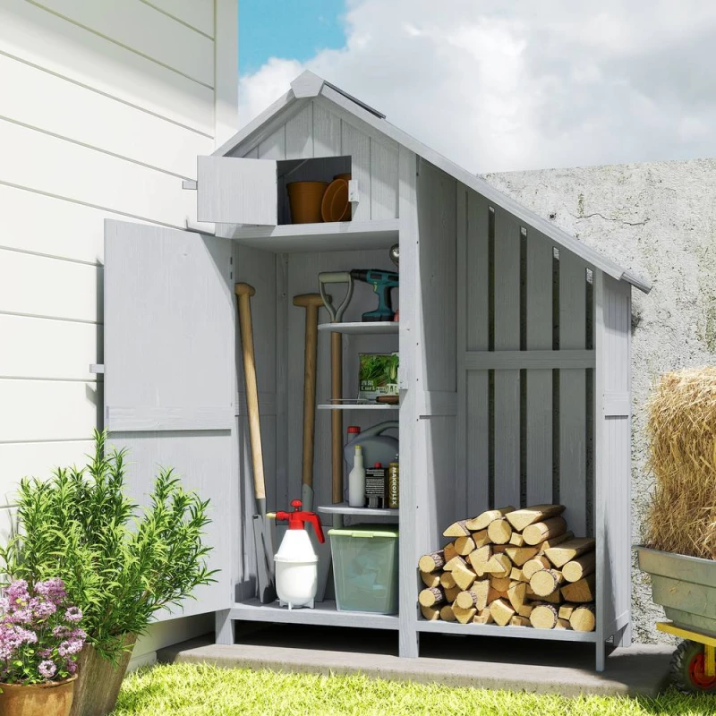 Image of Outsunny Fir Garden Storage Shed With Shelves Log Rack, Grey 845-336V04GY