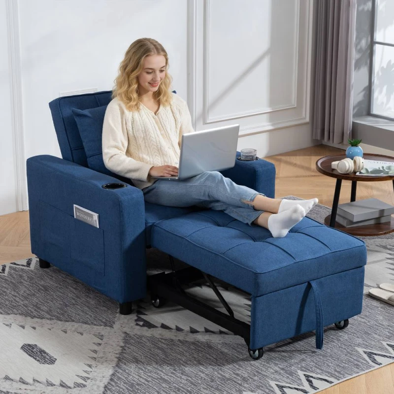 Image of HOMCOM 3-in-1 Sofa Bed, Convertible Sleeper Chair with Adjustable Backrest in Dark Blue Size: 1 Seater Dark Blue Unisex 1 Seater