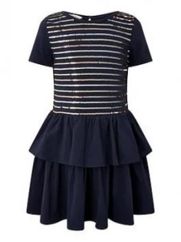 Monsoon Girls Sequin Stripe Jersey Tiered Dress - Navy, Size 12-13 Years, Women