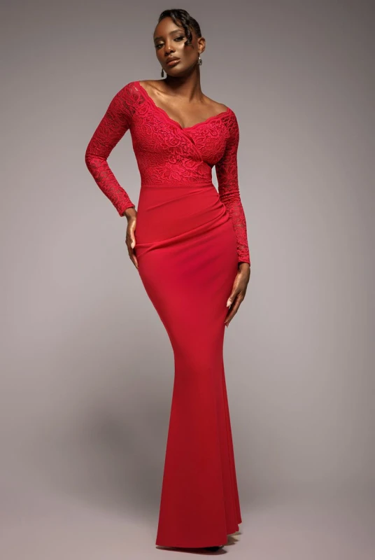 Image of Goddiva Womens Scalloped Lace Bodice Long Sleeve Bardot Maxi Dress in Red Size: 10 Red Female 10