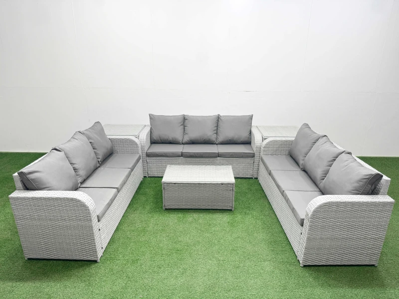 Image of Fimous PE Rattan Lounge Sofa Set 9 Seater Outdoor Garden Furniture Set with Rectangular Coffee Table 3 Seater Sofa 2 Side Table Light Grey Light Grey