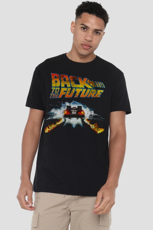 Image of Back To The Future Back To The Future Delorean Cotton Mens T-Shirt Black Black