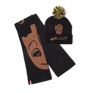 Image of Marvel Comics - Groot Unisex Bobble Beanie & Scarf Gift Set - Black/Brown