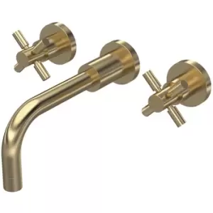 image of Tec Crosshead 3-Hole Basin Mixer Tap Wall Mounted - Brushed Brass - Hudson Reed