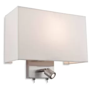 image of Fargo 1 Light Indoor Wall Light with Reading Lamp Brushed Steel, Cream Shade, E27