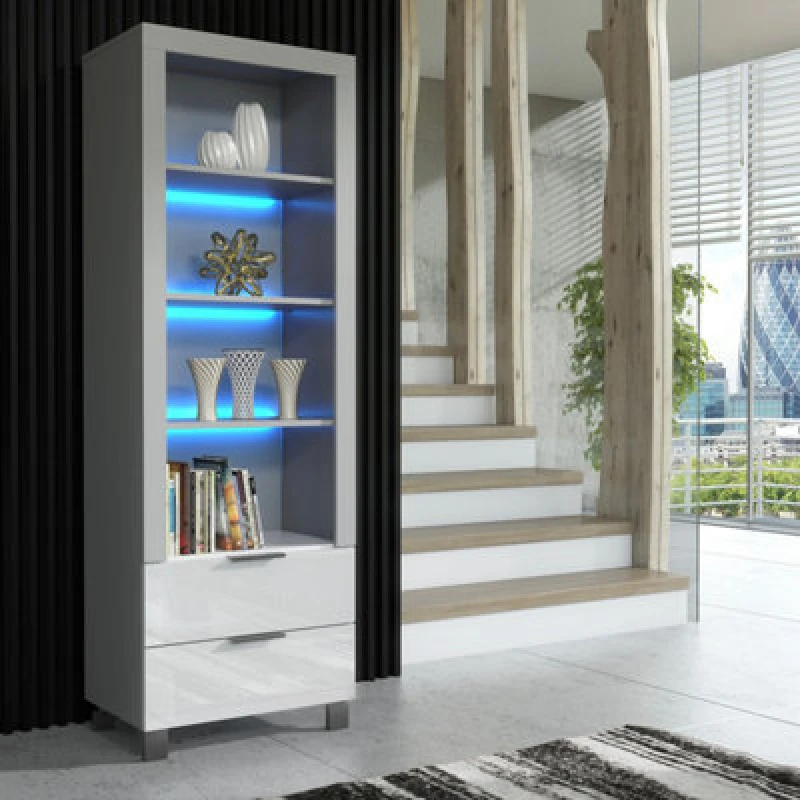 Image of Furneo Display Cabinet Grey White High Gloss Matt Modern Storage Cupboard Blue LED Lights Enzo 18