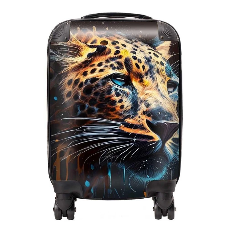 Image of Warren Reed - Designer Leapoard Face Splashart On Dark Background Suitcase in Yellow Size: Small Yellow Unisex Small