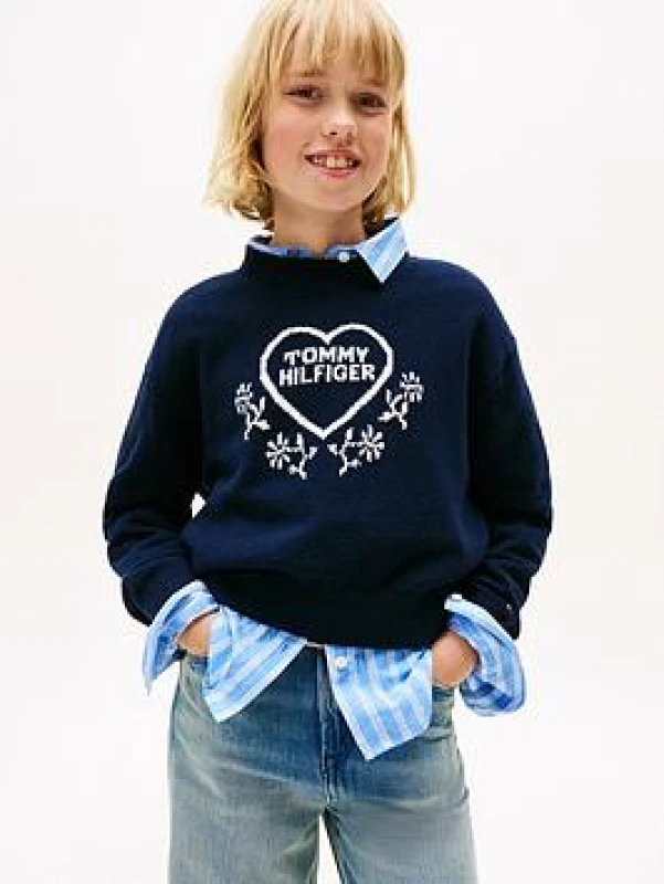 Image of Tommy Hilfiger Heart Print Jumper Navy Blue Baby 10Y (138CM);12Y (150CM);14Y (156CM);16Y (162CM)