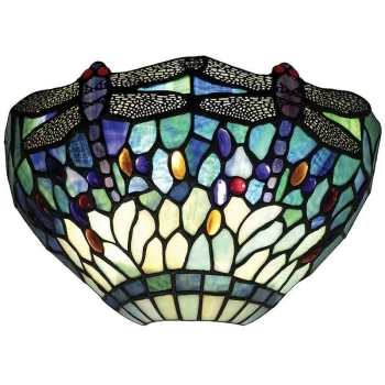 Image of Interiors 1900 Lighting - Interiors Dragonfly Blue - 1 Light Indoor Dragonfly Tiffany Wall Uplighter Dark Bronze, Blue, E14