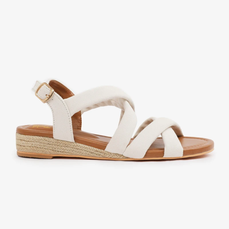 Image of Where's That From 'Eleanor' Low Wedge Shoes With Buckle Closure & Cross Over Strap Cream