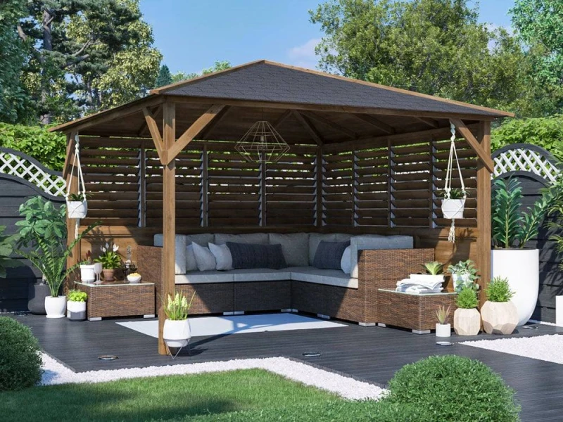 Image of Dunster House Wooden Gazebo Kit Louvre Wall 3M X 3M Pressure Treated Garden Shelter Roof Shingles Utopia