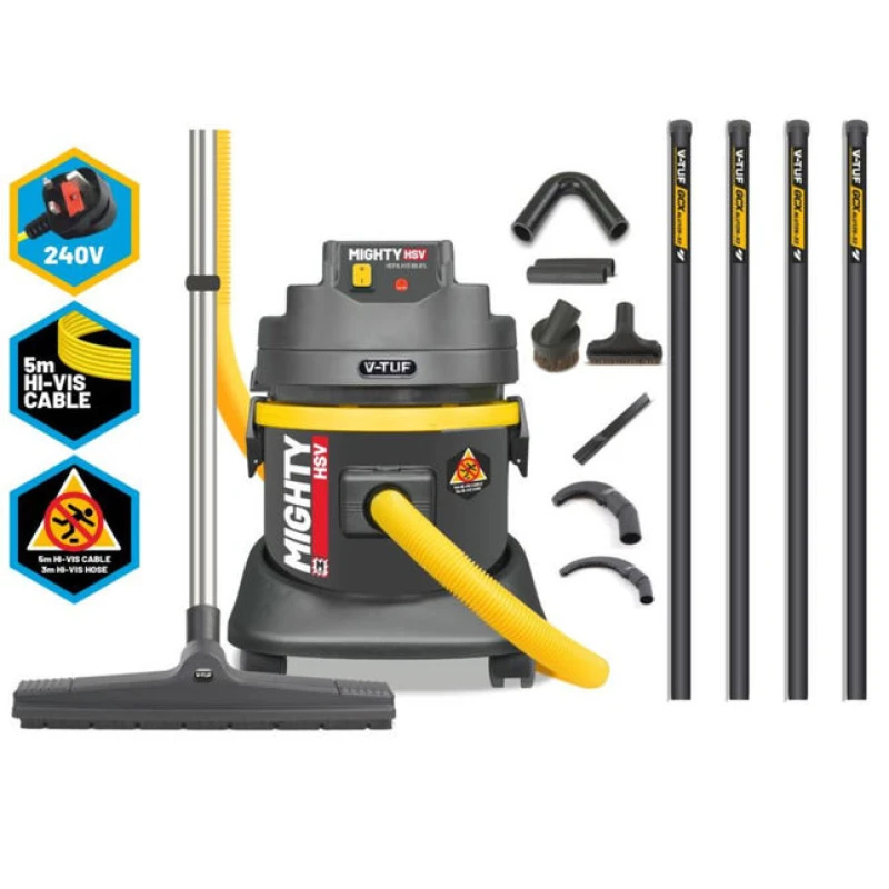 Image of V-TUF MIGHTY HSV- 21L M-Class 230V Industrial Dust Extraction Vacuum Cleaner Health & Safety Version & 5m High Level Cleaning & Pipe Cleaning Tools